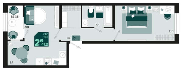 
   Продам 2-комнатную, 47.3 м², Первое место, квартал 1.3, литер 1

. Фото 1.