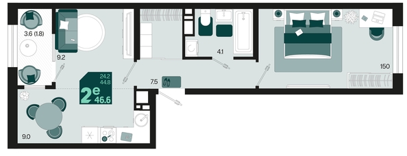 
   Продам 2-комнатную, 46.6 м², Первое место, квартал 1.3, литер 1

. Фото 2.