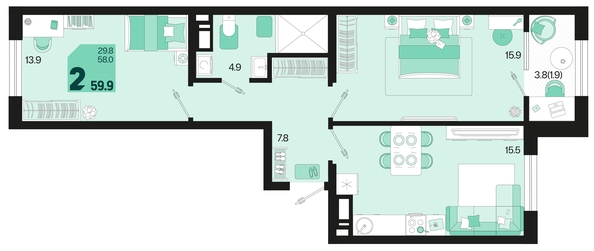 
   Продам 2-комнатную, 59.9 м², Первое место, квартал 1.3, литер 1

. Фото 1.