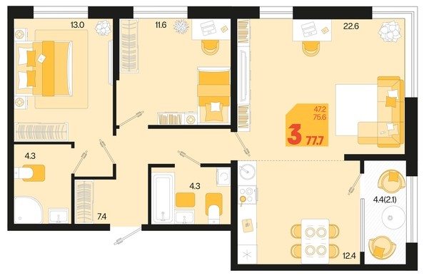 
   Продам 3-комнатную, 77.7 м², Первое место, квартал 1.3, литер 1

. Фото 1.