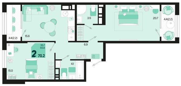 
   Продам 2-комнатную, 70.2 м², Первое место, квартал 1.3, литер 1

. Фото 1.