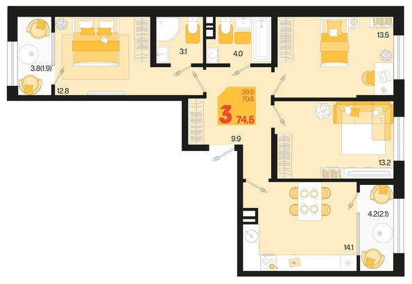 
   Продам 3-комнатную, 74.6 м², Первое место, квартал 1.3, литер 2

. Фото 1.