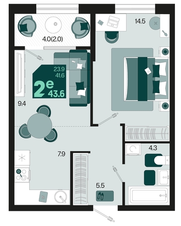 
   Продам 2-комнатную, 43.6 м², Первое место, квартал 1.3, литер 2

. Фото 1.