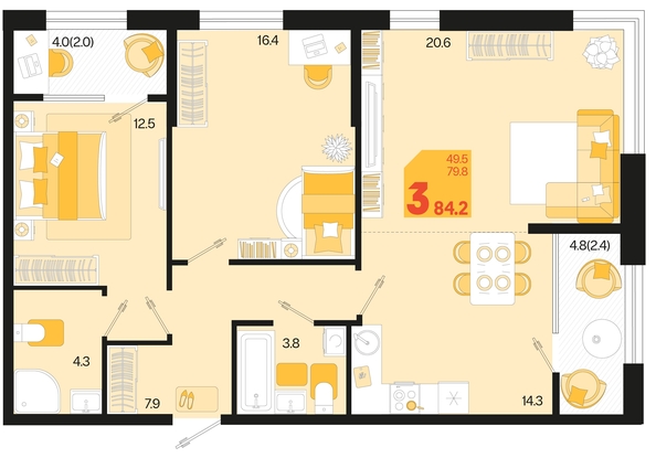 
   Продам 3-комнатную, 84.2 м², Первое место, квартал 1.3, литер 2

. Фото 1.