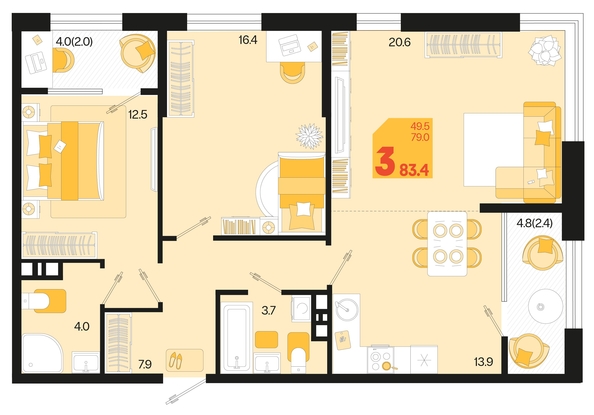 
   Продам 3-комнатную, 83.4 м², Первое место, квартал 1.3, литер 2

. Фото 1.