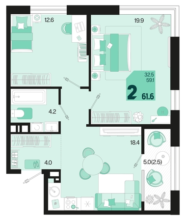 
   Продам 2-комнатную, 61.6 м², Первое место, квартал 1.3, литер 2

. Фото 1.