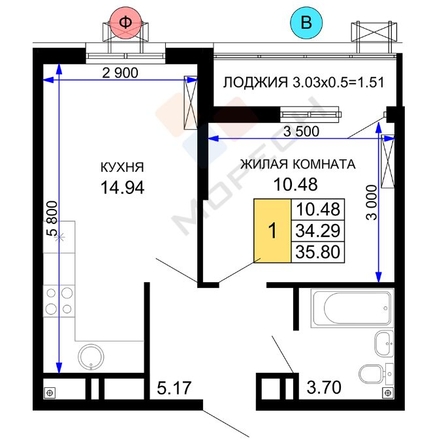 
   Продам 1-комнатную, 36.2 м², Воронежская ул, 47/14

. Фото 4.