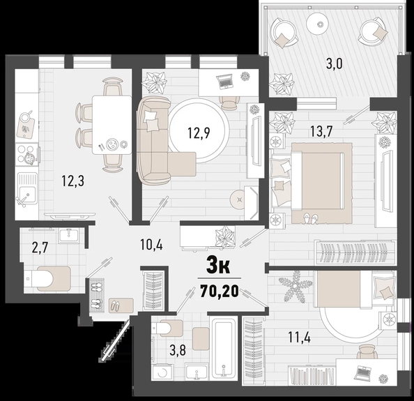 
   Продам 3-комнатную, 70.2 м², Барса, 3В литер

. Фото 12.