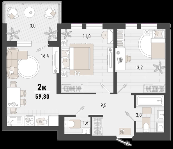 
   Продам 2-комнатную, 59.3 м², Барса, 3В литер

. Фото 1.