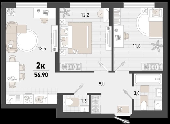 
   Продам 2-комнатную, 56.9 м², Барса, 3В литер

. Фото 1.