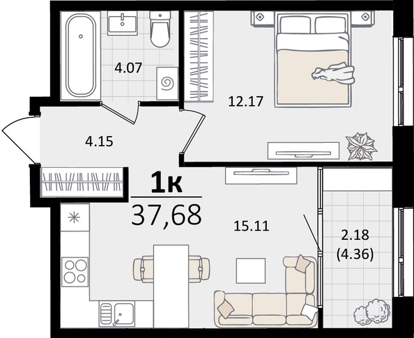 
   Продам 1-комнатную, 37.68 м², Патрики, литер 2

. Фото 4.