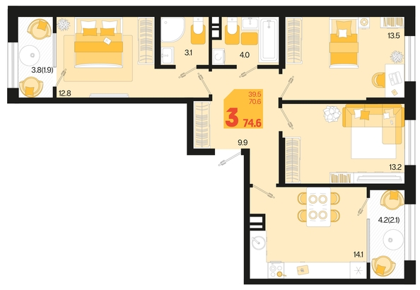 
   Продам 3-комнатную, 74.6 м², Первое место, квартал 1.2, литер 1

. Фото 1.