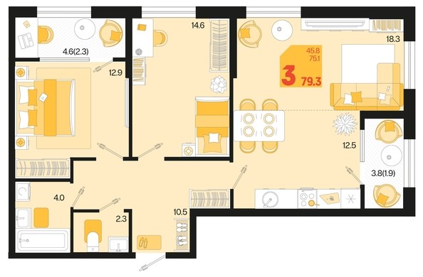 
   Продам 3-комнатную, 79.3 м², Первое место, квартал 1.2, литер 2

. Фото 1.