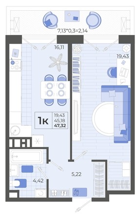 
   Продам 1-комнатную, 47.32 м², Высочество, литера 2

. Фото 4.