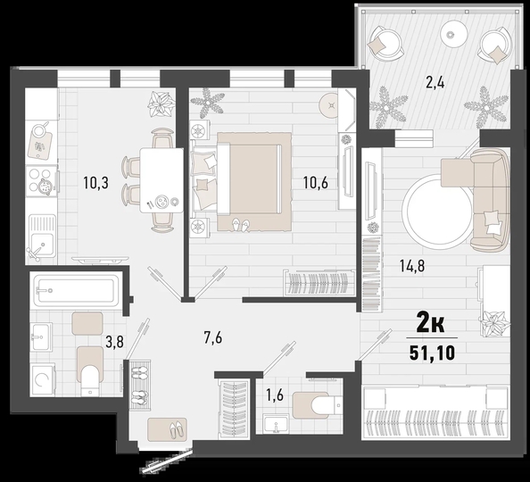 
   Продам 2-комнатную, 51.1 м², Барса, 3В литер

. Фото 2.