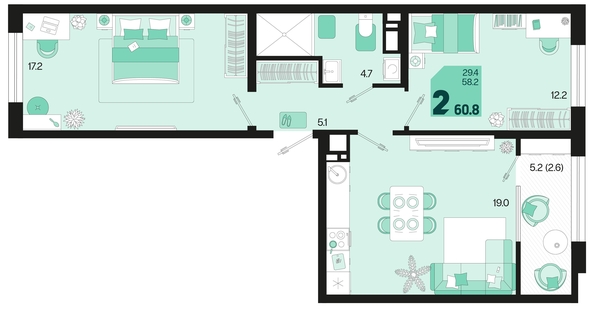 
   Продам 2-комнатную, 60.8 м², Первое место, квартал 1.1, литер 2

. Фото 1.