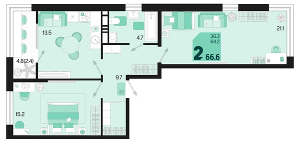 
   Продам 2-комнатную, 66.6 м², Первое место, квартал 1.1, литер 2

. Фото 12.