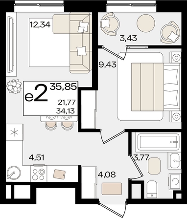 
   Продам 2-комнатную, 35.85 м², Патрики, литер 1.5

. Фото 2.