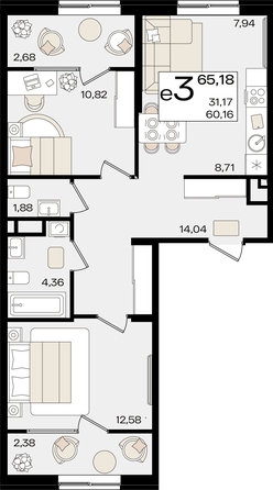 
   Продам 3-комнатную, 65.18 м², Патрики, литер 1.4

. Фото 8.