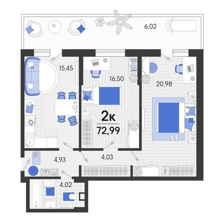 
   Продам 2-комнатную, 72.99 м², Белые росы, литера 8

. Фото 4.