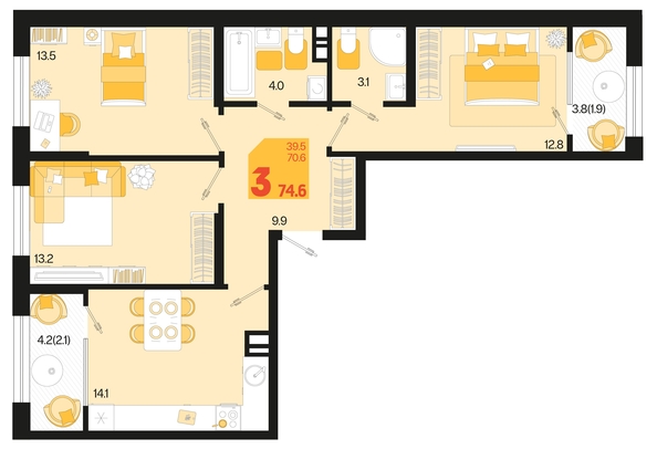 
   Продам 3-комнатную, 74.6 м², Первое место, квартал 1.3, литер 1

. Фото 2.