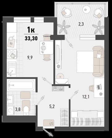 
   Продам 1-комнатную, 33.3 м², Барса, 3В литер

. Фото 2.