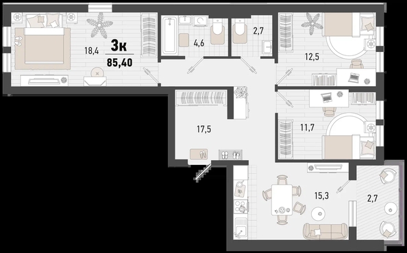 
   Продам 3-комнатную, 85.4 м², Барса, 4В литер

. Фото 1.