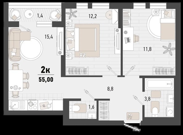 
   Продам 2-комнатную, 55 м², Барса, 4В литер

. Фото 1.