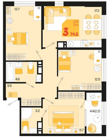 
   Продам 3-комнатную, 74.6 м², Первое место, квартал 1.10 литер 1

. Фото 12.