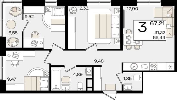 
   Продам 3-комнатную, 67.21 м², Патрики, литер 1.4

. Фото 7.