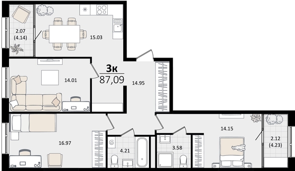 
   Продам 3-комнатную, 87.09 м², Патрики, литер 2

. Фото 7.