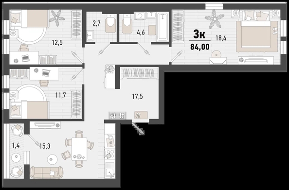 
   Продам 3-комнатную, 83.9 м², Барса, 3В литер

. Фото 2.