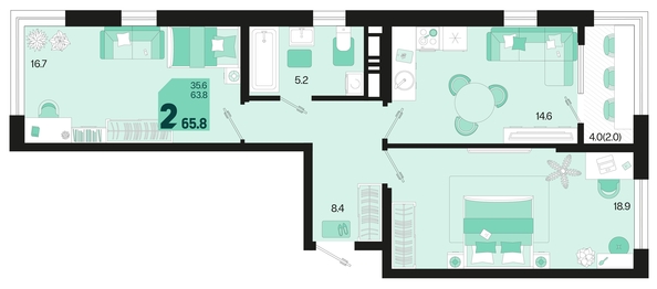 
   Продам 2-комнатную, 65.8 м², Первое место, квартал 1.3, литер 2

. Фото 2.