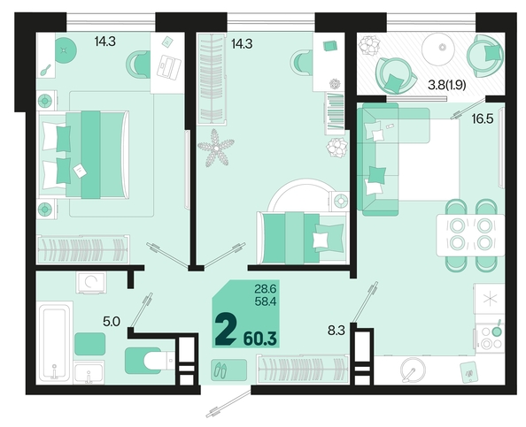 
   Продам 2-комнатную, 60.3 м², Первое место, квартал 1.1, литер 2

. Фото 22.