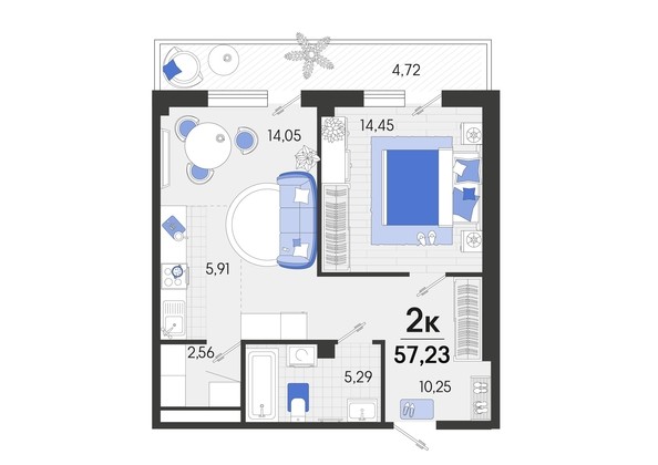 
   Продам 2-комнатную, 57.23 м², Белые росы, литера 7

. Фото 7.