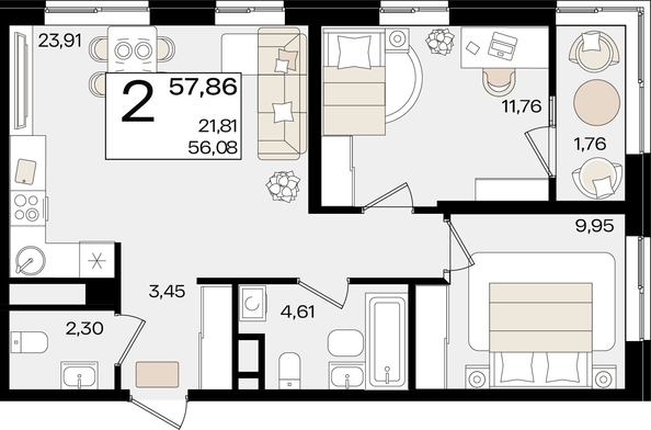 
   Продам 2-комнатную, 57.86 м², Патрики, литер 1.3

. Фото 7.