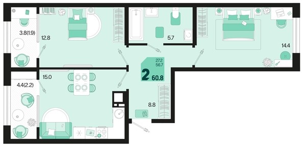 
   Продам 2-комнатную, 60.8 м², Первое место, квартал 1.10 литер 1

. Фото 1.