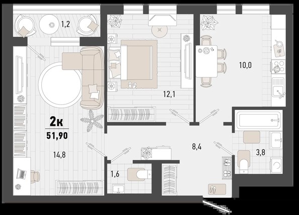 
   Продам 2-комнатную, 51.9 м², Барса, 3В литер

. Фото 1.