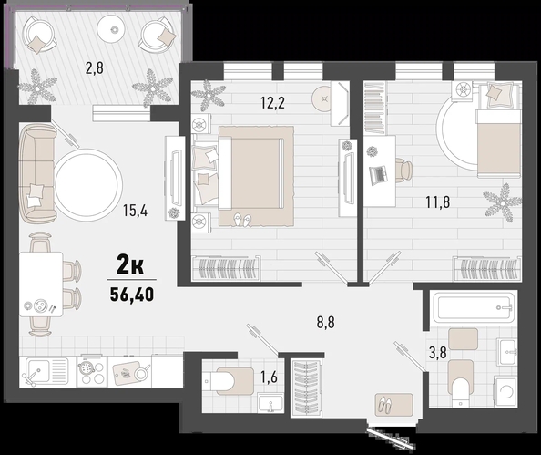 
   Продам 2-комнатную, 56.4 м², Барса, 4В литер

. Фото 2.