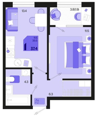 
   Продам 1-комнатную, 37.4 м², Первое место, квартал 1.3, литер 2

. Фото 1.