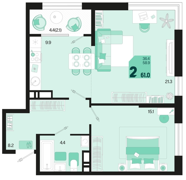 
   Продам 2-комнатную, 61 м², Первое место, квартал 1.2, литер 1

. Фото 1.