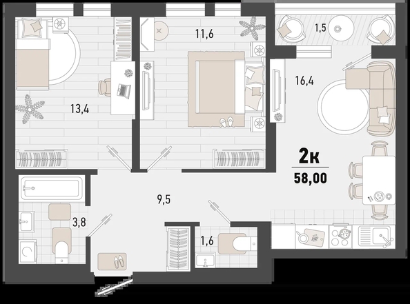 
   Продам 2-комнатную, 58 м², Барса, 4В литер

. Фото 2.