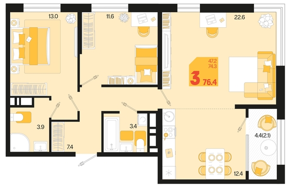 
   Продам 3-комнатную, 76.4 м², Первое место, квартал 1.2, литер 1

. Фото 1.