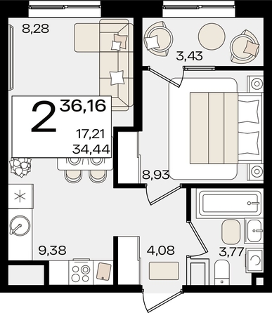 
   Продам 2-комнатную, 36.16 м², Патрики, литер 1.2

. Фото 4.