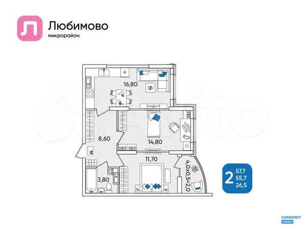 
   Продам 2-комнатную, 57 м², Любимово мкр, 18к1

. Фото 1.