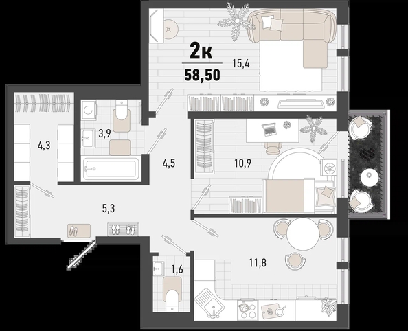 
   Продам 2-комнатную, 58.5 м², Барса, 4Б литер

. Фото 1.