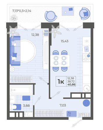 
   Продам 1-комнатную, 40.83 м², Высочество, литера 1

. Фото 4.