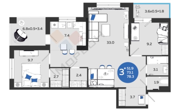 
   Продам 3-комнатную, 78.3 м², Адмирала Пустошкина б-р, 11/2

. Фото 8.