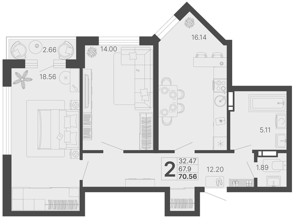 
   Продам 2-комнатную, 69.23 м², Светский лес, литер 4

. Фото 1.