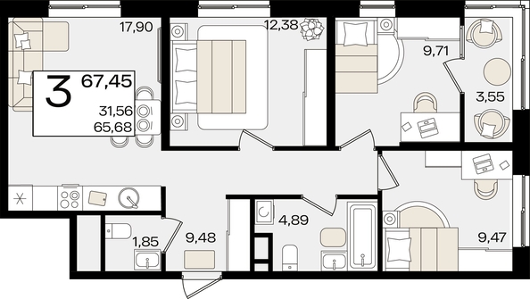 
   Продам 3-комнатную, 67.45 м², Патрики, литер 1.5

. Фото 7.